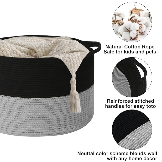 115L Large Blanket Basket,Woven Rope Laundry Basket Hamper with Handles, Decorative Nursery Basket Storage Bin for Toys, Clothes Organizer, Living Room, Bedroom, Bathroom, Black&Light Grey