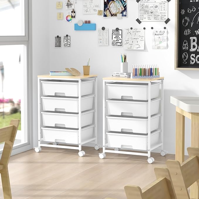 SYKIARIOL Utility Cart with 4 Drawers, Multipurpose Rolling Storage Cart with 4 Drawers and 2 Lockable Wheels, 4-Tier Rolling Storage Cart Organizer for Home Office Dorm, Bright White