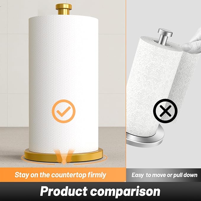 VEHHE Gold Paper Towel Holder Stand, Paper Towel Holder with Weighted Base and Suction Cups for Kitchen Bathrooms