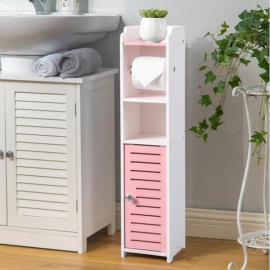 AOJEZOR Toilet Paper Holder Stand: Small Bathroom Storage Cabinet - Rose Dawn - White