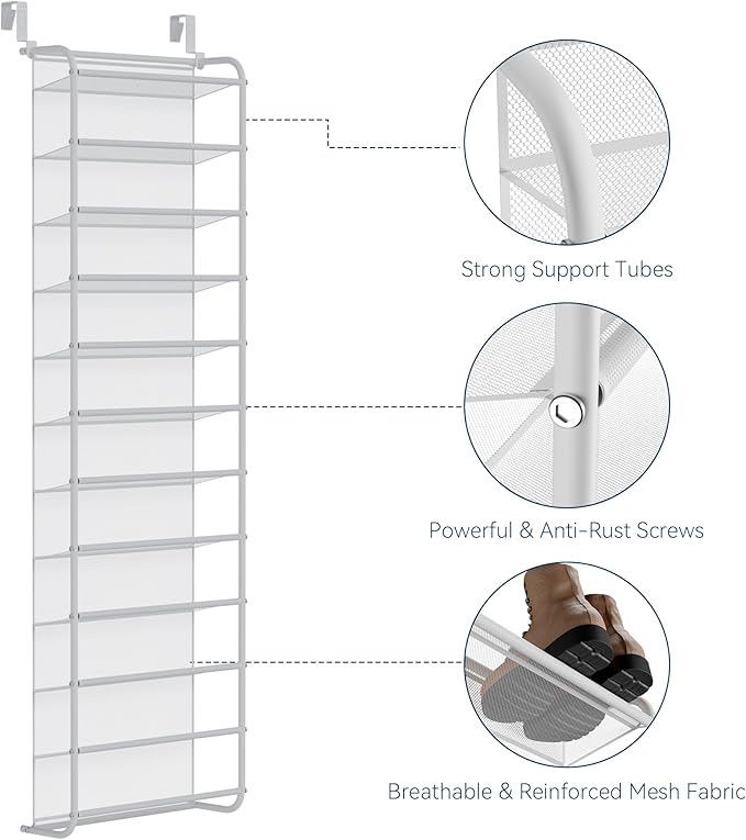 Whitmor 36 Pair Over The Door Shoe Organizer, 12 Tier Hanging Shoe Organizer, Heavy Duty Metal & Mesh Shoe Holder, Hanging Shoe Rack for Closet Organizer & Storage, 74"L x 21.7"W x 7.5"H, Matt White