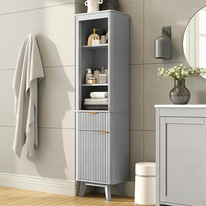 XIAO WEI 68" Tall Bathroom Storage Cabinet, Narrow Bathroom Storage Cabinets with 3 Adjustable Shelves, Slim Wooden Storage Cabinet with 1 Drawer & Door for Bathroom, Grey