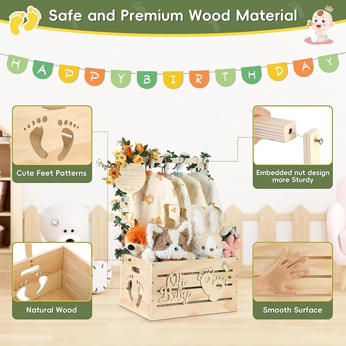Wooden Baby Shower Crate Closet, Personalized Baby Gift Basket with Hangers, New Born Girl Boy Large Clothes Storage Box for Baby Shower for Pregnancy New Mom Parent