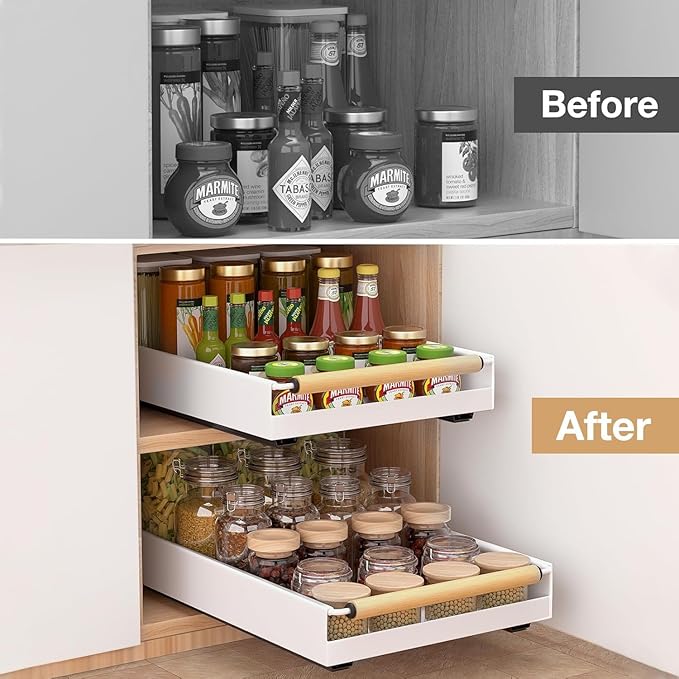 2 Pack Pull out Cabinet Organizer, 16" Deep Pull Out Drawer for Kitchen Cabinets Adhesive with Nano Film, Slide out Cabinet Organizer Shelf for Pantry Bathroom Organization White