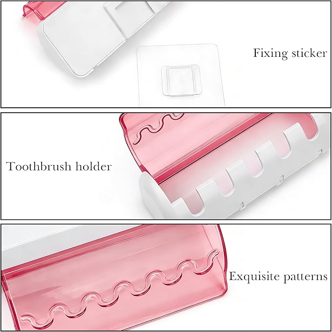 1 PCS Self Adhesive Toothbrush Holder with Cover for Bathroom, 5-Slot Wall Mounted Toothbrush Organizer Rack for Shower, Dorm, Cabinet (Pink)