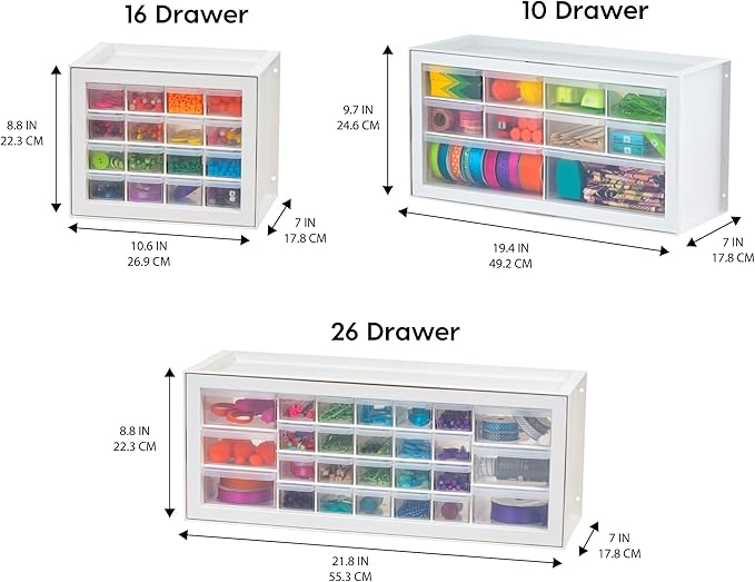 IRIS USA 10-Drawer Organizer (2 Pack), Made in USA, Teacher Toolbox, Plastic Storage Drawers, Stackable Organizer for Hardware, Small Parts, Craft, Bead, Screw, Nut and Bolt, Makeup Tools, White