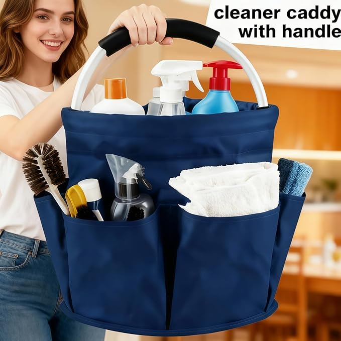 17L Collapsible Cleaning Caddy with Handle - Heavy Duty Oxford Cleaning Supplies Organizer - Multi-Pocket Foldable Storage Bucket for Housekeeping, Car Wash, Gardening & Camping (Navy Blue)