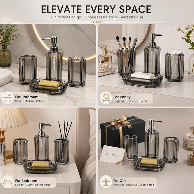 4-Piece Modern Gray Bathroom Accessories Set — Soap Dispenser, Soap Dish, Mouthwash Cup & Toothbrush Holder, Glossy Acrylic with Gray Finish, Vanity Countertop Organizer