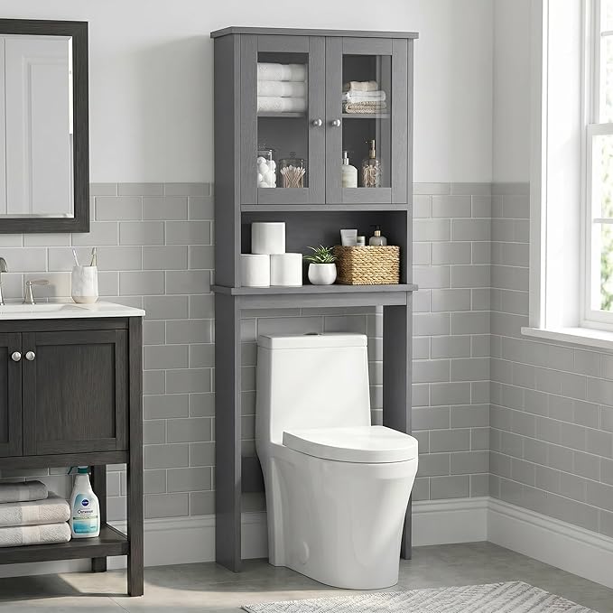 Nuturelly Over The Toilet Storage Cabinet, Bathroom Storage Organizer with Adjustable Shelves and Double Glass Doors, Freestanding Above Toilet Storage with Open Shelf, Wooden Toilet Rack(Gray)
