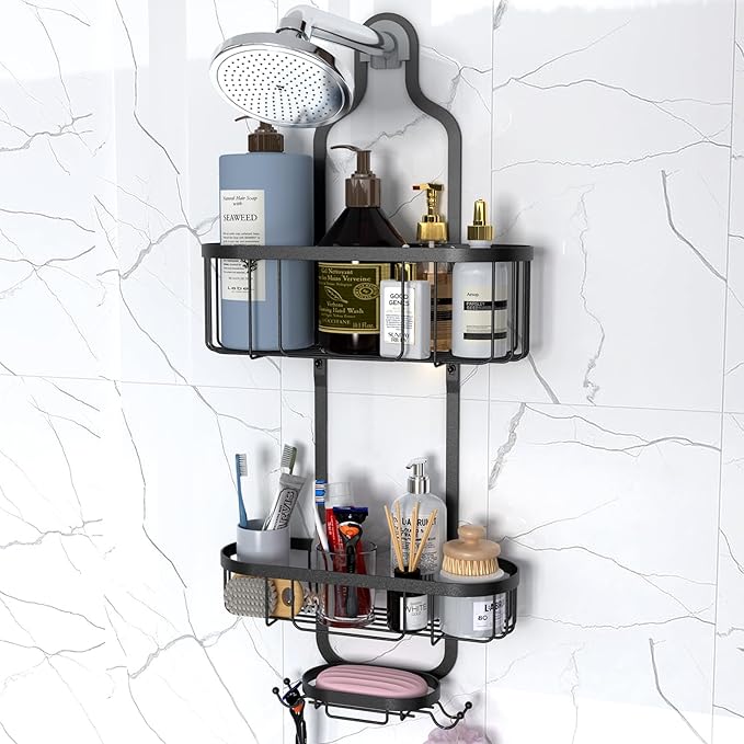 Shower Caddy Hanging, Bathroom Shower Rack, Bathroom Organizer with Soap Dish, Over The Showerhead Caddy with Hooks for Razor/Sponge, Black