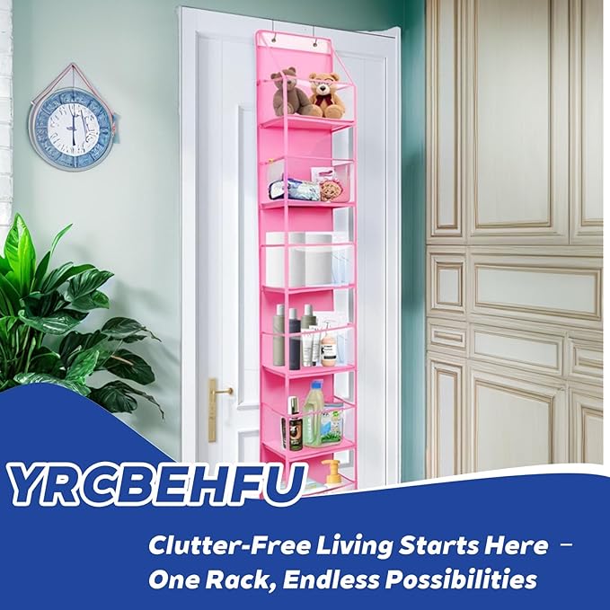 2 Packs Over The Door Organizer - 6-Shelf Hanging Storage Organizer with Clear Plastic Pockets - Large Capacity Pantry Storage Shelf for Bathroom, Bedroom, Nursery (Pink)