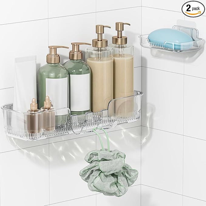 HAMITOR Adhesive Shower Caddy for bathroom：2 Pack Clear Bath Shelves No Drilling for Modern Renters & Home Decor - Rustproof Acrylic Shower Organizer for Bathroom Storage