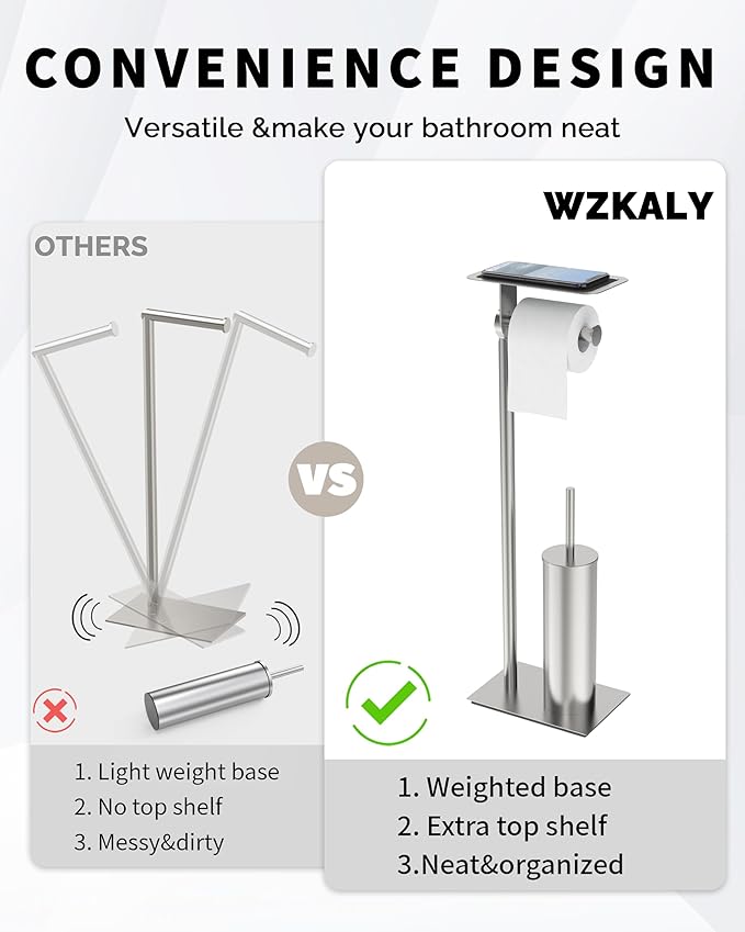 Toilet Paper Holder Stand, Free Standing Toilet Paper Holder with Shelf for Bathroom, Stainless Steel Brushed Nickel Toilet Tissue Holder with Brush and Holder Set, Weighted Base
