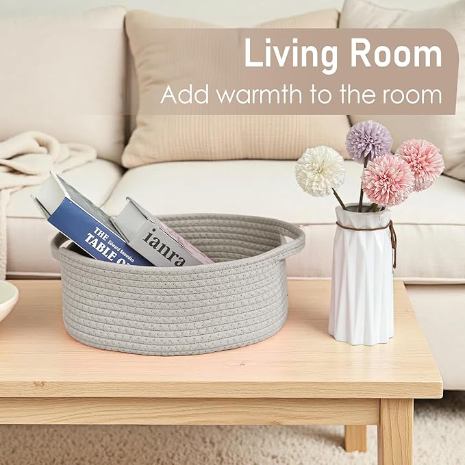 JMvicyroam Woven Basket,Small Rope Storage Bin with Handles & Ribbon Bag, Organizer for Shelves Closets,Gift Basket Empty for Birthday,Books,Dog Toys, Grey/3 Pack