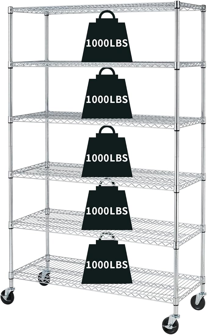 HCY 6-Tier Storage Shelf Heavy Duty Storage Shelving Unit NSF Height Adjustable Metal Storage Rack with Wheels for Laundry Bathroom Kitchen Garage Pantry Organization(Chrome) 76 * 48 * 18 inch