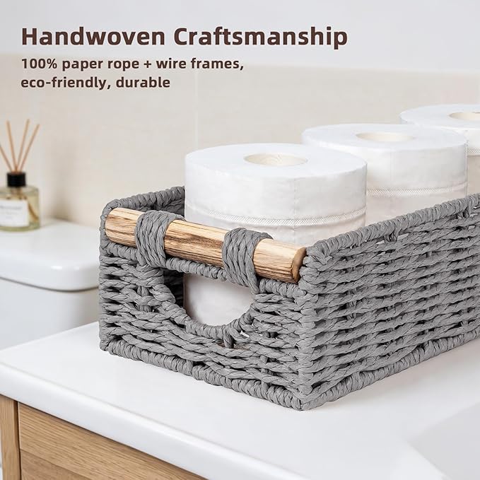 CubesLand Back of Toilet Storage Basket for Organizing w/Cut Out Handle, Handwoven Toilet Tank Top Paper Baskets, Small Wicker Decorative Basket for Countertop, Home, Living Room, Nursery, Grey