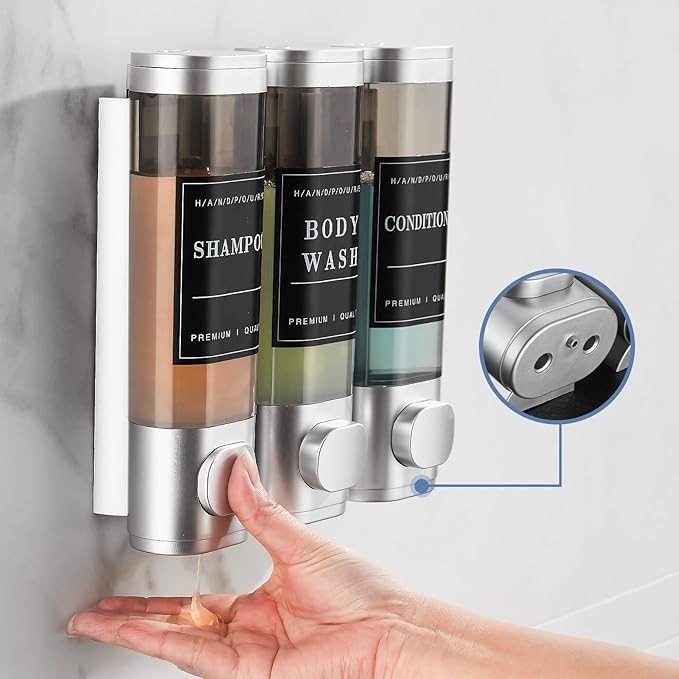 Shower Soap Dispenser Wall Mounted No Drill Shampoo Dispenser for Shower Wall Shampoo and Conditioner Dispenser Bathroom Hotel 3 * 300ml Sliver with Labels
