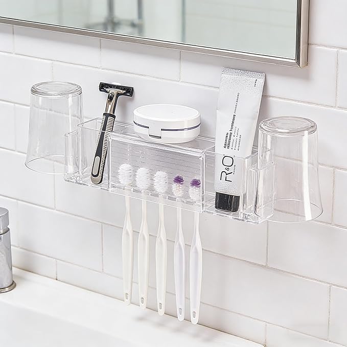 5 Slots Wall Mount Toothbrush Holder with Cover, Self Adhesive Toothbrush Storage Organizer for Shower, Toothpaste & Toothbrush Hanger for Bathroom, Medicine Cabinet, Dorm (Clear Large)