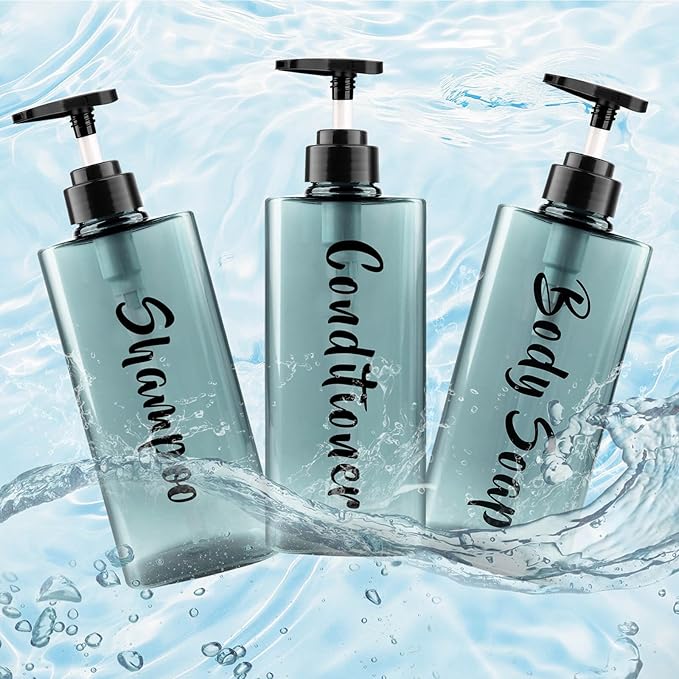 AUMIO 16.9oz Shampoo Dispenser for Shower (3 Pack) - Refillable Shampoo and Conditioner Bottles with Pump, Empty Clear Blue Plastic Body Wash Container Set, Printed Shower Soap Dispensers for Bathroom