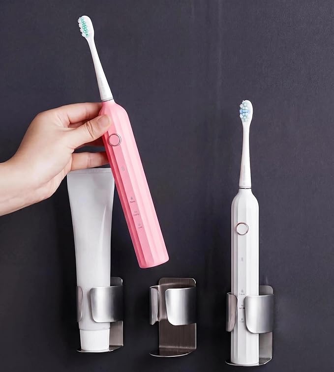 Electric Toothbrush Holder Wall Mount – No Drill 304 Stainless Steel Self Adhesive Bathroom Organizer for Toothbrush/Toothpaste/Facial/Razor – Space Saving Waterproof Rustproof – Silver 2-Pack