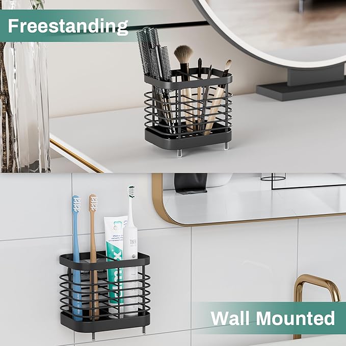 Black Electric Toothbrush Holder for Bathroom, Toothpaste Caddy Organizer Storage with Drainage, Stainless Steel Kids Tooth Brush Stand for Countertop Sink, Bathroom Accessories Decor