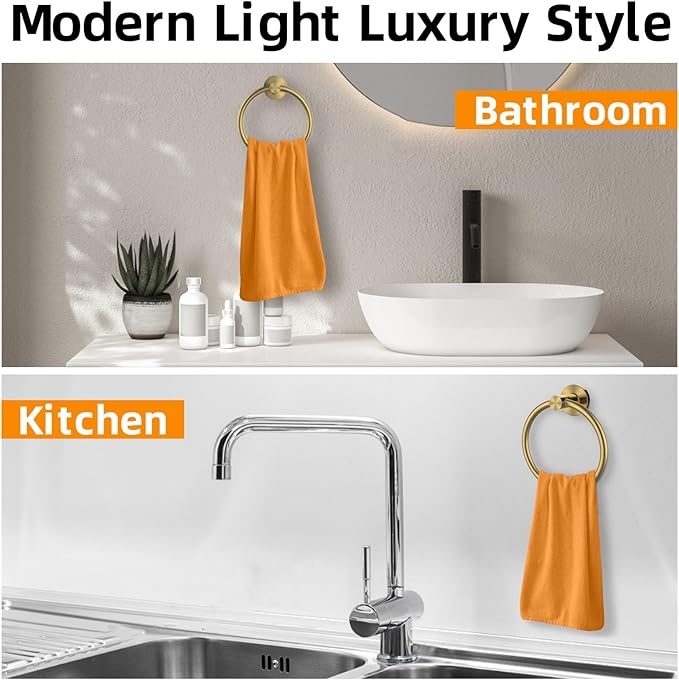 Towel Ring 2Pack, SUS304 Stainless Steel Hand Towel Holder for Bathroom Kitchen, Modern Style Towel Hanger, Thicken Ring Towel Holder, Towel Rack Round Wall Mounted (2, Brushed Gold)