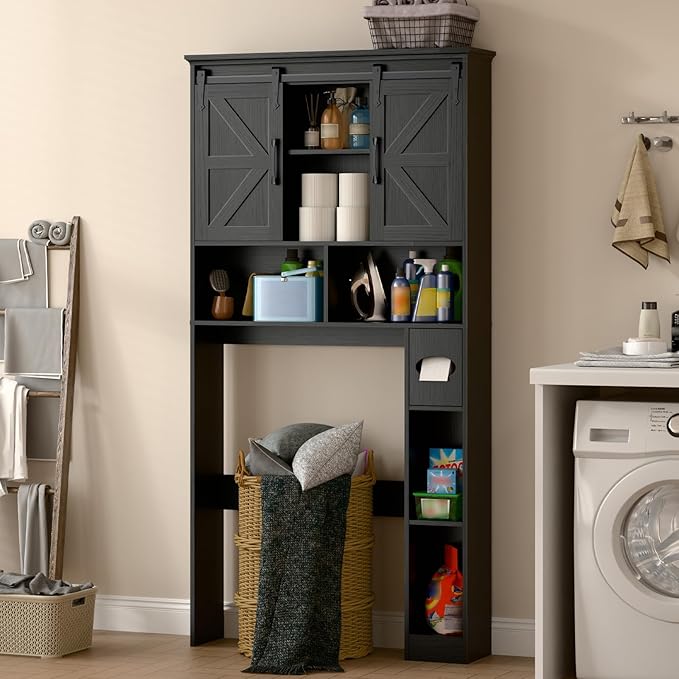 Halitaa Over The Toilet Storage Cabinet,Farmhouse Space-Saving Toilet Rack with 2 Sliding Barn Doors,Bathroom Organizer with Toilet Paper Holder Stand & Storage Shelves,for Laundry, Bathroom,Restroom