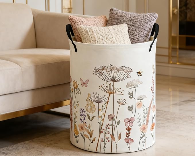 ESSME Kids Laundry Basket,Flower Hamper Collapsible Canvas Waterproof Storage Bin for Girls, Cute Hamper,Gift Baskets(Flower cluster)