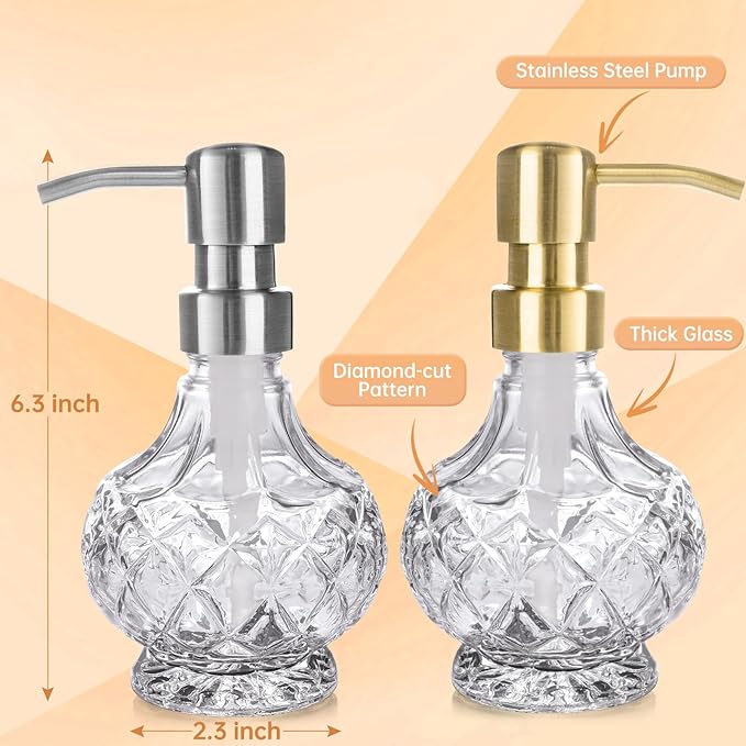Glass Soap Dispenser Bathroom Hand Soap Dispenser with Stainless Steel Pump Liquid Soap and Lotion Dispenser Vintage Soap Dispenser Set for Bathroom Kitchen