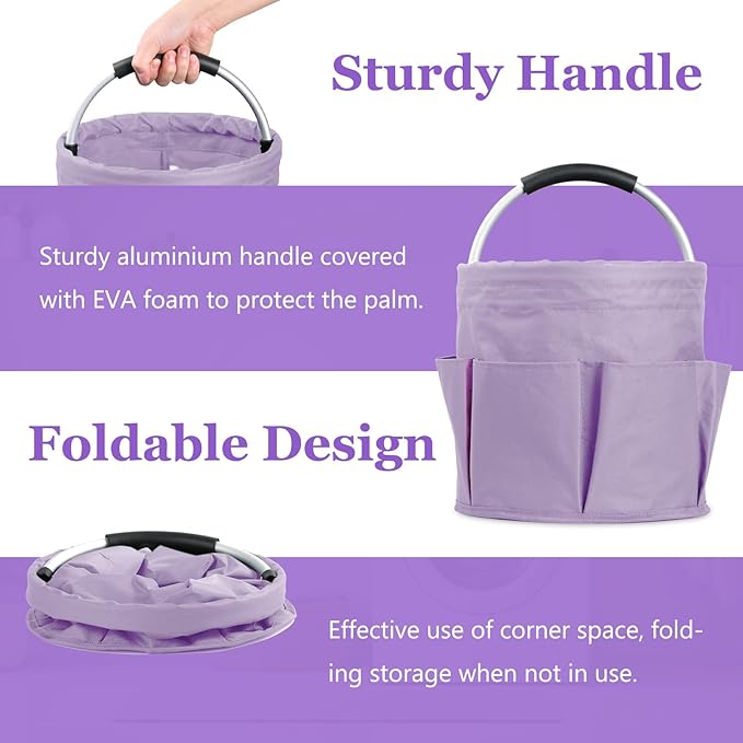 17L Purple Shower Caddy for Women, Foldable Cleaning Caddy with Handle and 6 Pockets, 600D Oxford Fabric Garden Tool Bag, Multifunctional Storage Basket for College, Dorm, Family, Purple