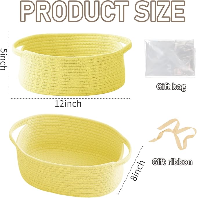 JMvicyroam Woven Basket,Small Rope Storage Bin with Handles & Ribbon Bag, Organizer for Shelves Closets,Gift Basket Empty for Birthday,Books,Dog Toys, Yellow