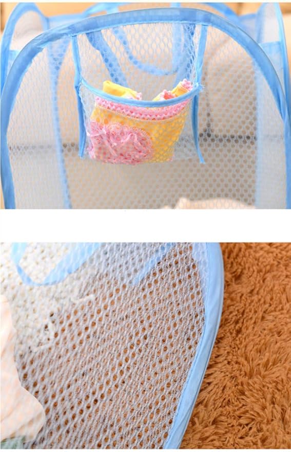 Portable Extra Large Rectangle Pop-Up Clothes Basket Tall Laundry Mesh Hamper With Handles Space Saving Storage Bin,Sky Blue
