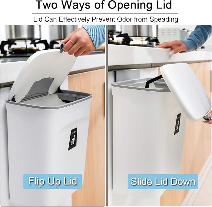Tiyafuro 2.4 Gallon Kitchen Compost Bin for Counter Top or Under Sink, Hanging Small Trash Can with Lid for Cupboard/Bathroom/Bedroom/Office/Camping, Mountable Indoor Compost Bucket, White