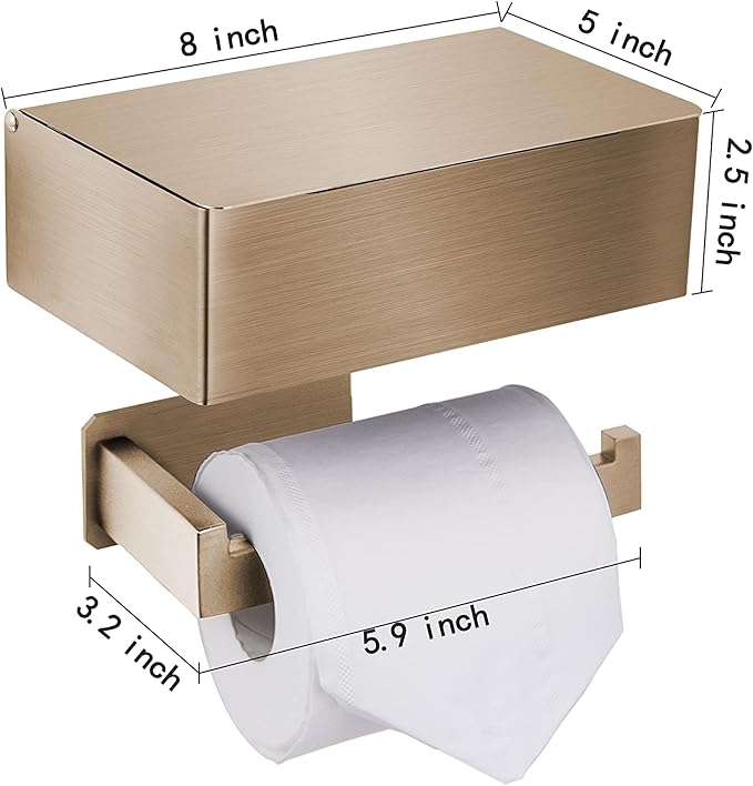 Adhesive Toilet Paper Holder with Shelf and Storage, Wall Mount Toilet Paper Roll Holder & Flushable Wipes Dispenser Set Fits Any Bathroom, Stainless Steel Tissue Holder-Square, Gold