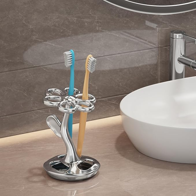 Flower Ceramic Tooth Brush Holders for Bathroom, Upgraded Large Slots Toothbrush Holder Organizer for Manual Brushes & Art Paintbrushes, Aesthetic Vanity Decor, Non-Tip Sturdy Base, 6 Slots (Silver)