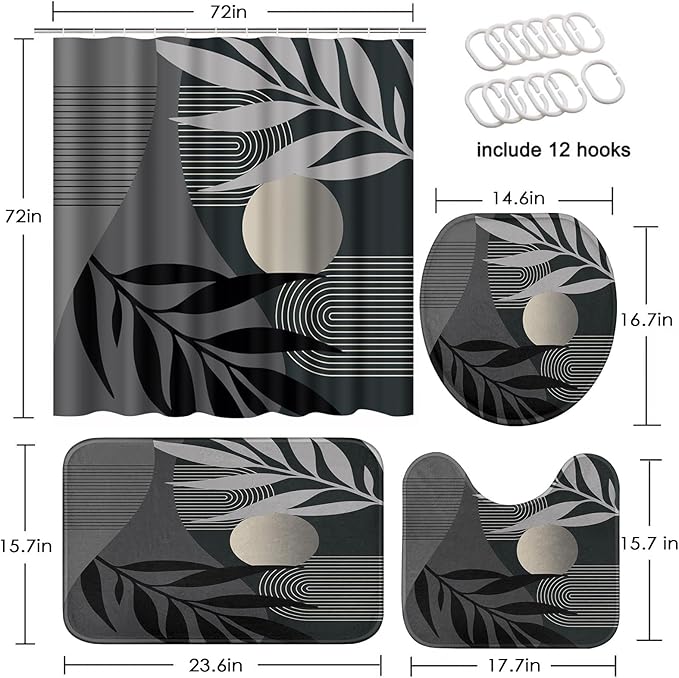 Boho Black and Grey Shower Curtain Set with Toilet Lid Cover and Non-Slip Rugs, Mid Century Modern Abstract Minimalist Leaves Neutral 4 Pcs Shower Curtain for Bathroom Set with 12 Hooks