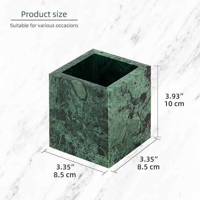 Natural Marble Toothbrush Holder for Bathroom Countertop (8.5x8.5x10cm) - Multifunctional Organizer for Makeup Brushes, Vanity Accessories & Utensils Sink(Blackish Green)