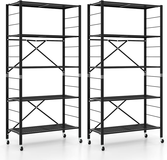 GOFLAME 5-Tier Folding Storage Shelves Set of 2, Adjustable Shelves with Wheels, Detachable Shelving Unit, Large Capacity, Storage Rack for Garage, Kitchen, Balcony, Living Room, Black