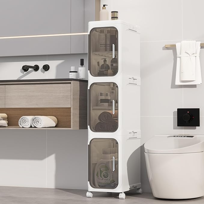 Neathub 3-Tiers Slim Bathroom Storage Cabinet, Foldable Storage Cabinets,Narrow Bathroom Storage,Movable Bathroom Storage Organizer for Small Spaces,Bathroom,Kitchen,Laundry,White