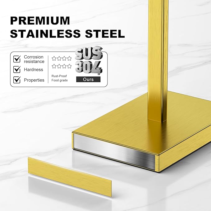 Brass Gold Toilet Paper Holder Stand，Stainless Steel Toilet Paper Holder Free Standing，Stable Weighted Base Floor Tissue Roll Holder for Bathroom，Modern Pivoting Toilet Paper Stand