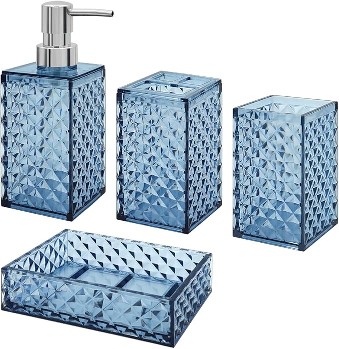 Bathroom Accessories Set, 4 Pcs Bathroom Decor Bathroom Sets Accessories, Diamond Soap Dispenser, Bathroom Tumbler, Soap Dish and Toothbrush Holder Set, Boho Bathroom Decor Blue