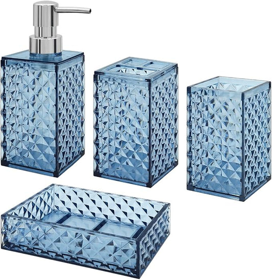 Bathroom Accessories Set, 4 Pcs Bathroom Decor Bathroom Sets Accessories, Diamond Soap Dispenser, Bathroom Tumbler, Soap Dish and Toothbrush Holder Set, Boho Bathroom Decor Blue