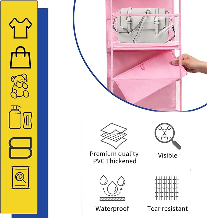 2 Packs Over The Door Organizer - 6-Shelf Hanging Storage Organizer with Clear Plastic Pockets - Large Capacity Pantry Storage Shelf for Bathroom, Bedroom, Nursery (Pink)
