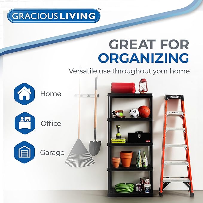 Gracious Living 5-Shelf Plastic Storage Shelves, Heavy-Duty Garage Shelving Unit, Black - Standing Organizer Rack for Kitchen, Bathroom, and Laundry Room