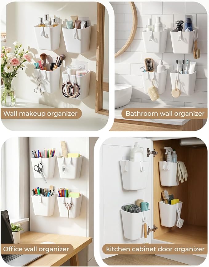 4 Pack Rolling Cart Accessories, White Craft Cart Cup Holder and 6 Hooks for Utility Carts Accessories, Adhesive Kitchen Cabinet Door Storage, Space-Saving Wall Mount Organizer for Bathroom, Office