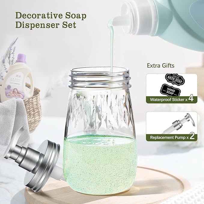 Amolliar Plastic Soap Dispenser with Pump Lid, 16 Oz Refillable Bathroom Hand Soap Dispenser Set, Clear Kitchen Liquid Dish Dispenser with Cute Lables for Farmhouse Shower (2 Pack, Silver)