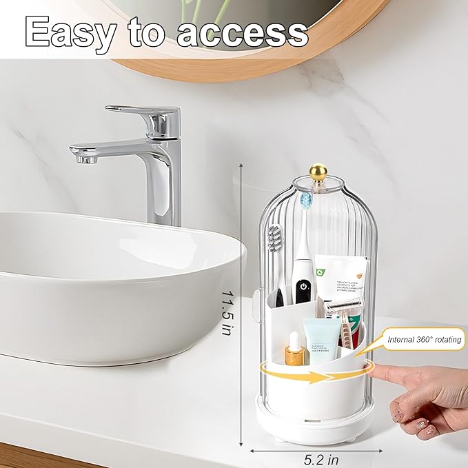 Rotating Toothbrush Holders with Cover, Dustproof Toothbrush Holder with Sliding Lid Electric Tooth Brush and Toothpaste Organizer for Bathroom, Makeup Brush Holder for Vanity, White
