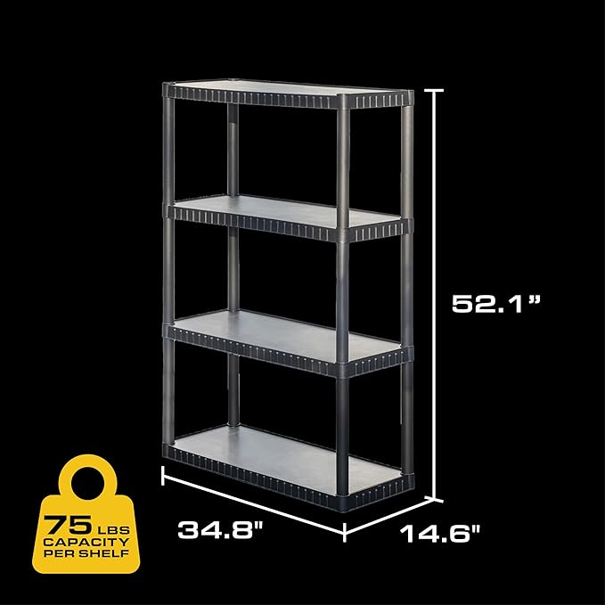 CX 4-Tier Medium Duty Plastic Storage Shelves that Support up to 75lbs/shelf, Organization and Storage, Weather-Resistant Design, Easy Assembly, 2 Pack, Black (52.1”H x 34.8”W x 14.6”D)