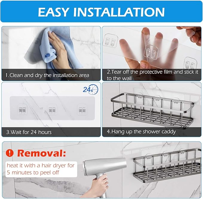 10 Pack Shower Caddy Adhesive Replacement, Shower Adhesive Strips, Strong Adhesive Hooks, Waterproof Sticker, No Drilling, for Bathroom Shelf and Kitchen Racks