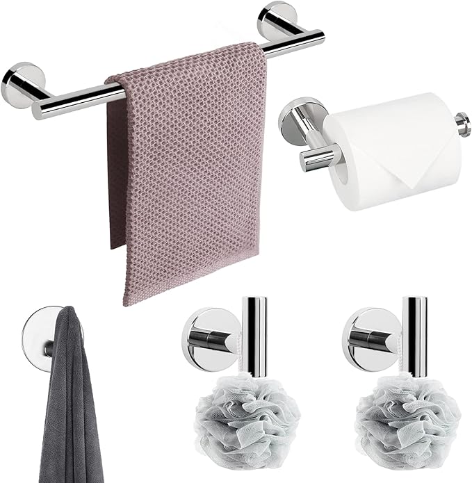 NearMoon Bathroom Hardware Set SUS 304 Thicken Stainless Steel-Towel Bar Set Include 16" Towel Rod, Toilet Paper Holder, Multifunctional Hooks Bathroom Accessories (Chrome Finish, 5 Pcs)